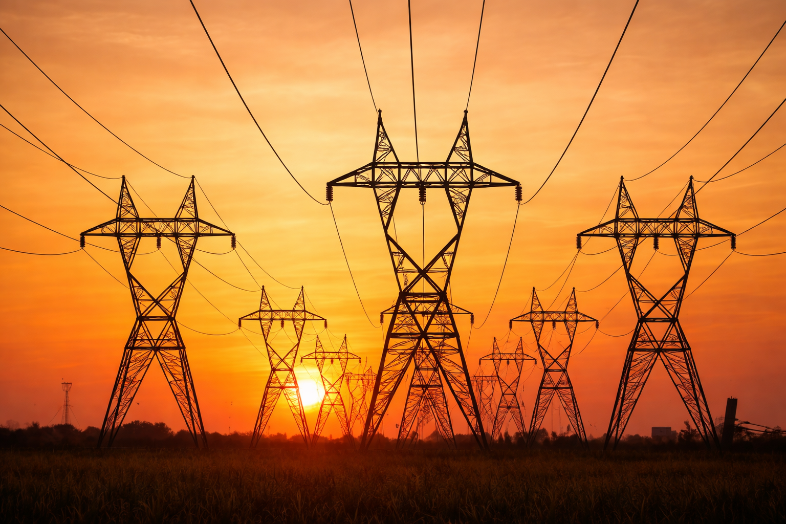 Transmission lines at sunset